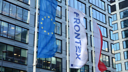 Warsaw, Poland. 2 March 2021. Sign Frontex .. Frontex promotes, coordinates and develops European...