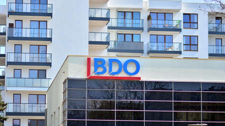 Warsaw, Poland. 19 April 2021. Sign BDO. Company signboard BDO.のeditorial素材