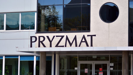 Warsaw, Poland. 20 April 2021. Sign Pryzmat. Company signboard Pryzmatのeditorial素材