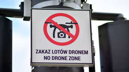 Warsaw, Poland. 26 April 2021.Sign No dron zone.のeditorial素材