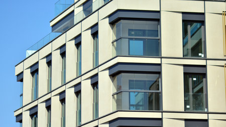 New modern architectural building house. Modern facade of the apartment building.
