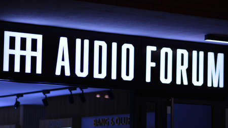 Warsaw, Poland. 30 May 2021. Neon sign Audio Forumのeditorial素材