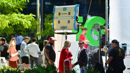 Warsaw, Poland. 14 June 2021. Busy outdoor filming production crew team. Work on an advertising...