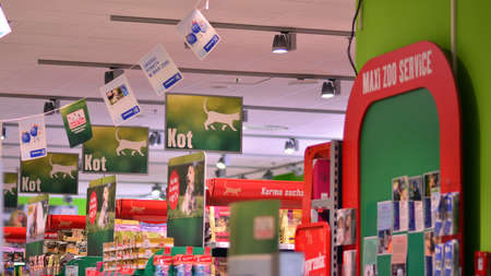 Warsaw, Poland. 9 July 2021. Shelf of various brand animal feed, dog food and cat food product at...