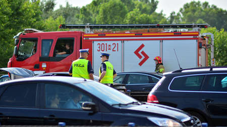 Warsaw, Poland. 13 July 2021. Police and fire brigade at the scene. Rescue vehicles on the site of a...