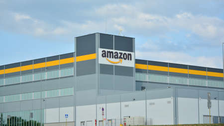 Szczecin Kolbaskowo, Poland. 22 July 2021. Amazon logo on the logistics center. Company signboard...