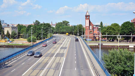 Szczecin, Poland .. 24 July 2021. View from the Castle Route. Odra river and industrials buildings...