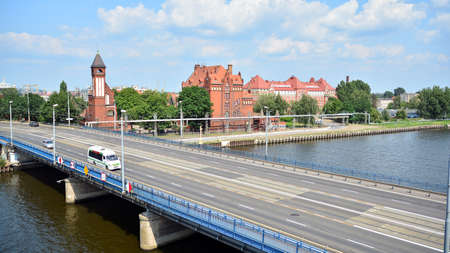 Szczecin, Poland .. 24 July 2021. View from the Castle Route. Odra river and industrials buildings of harbor.のeditorial素材