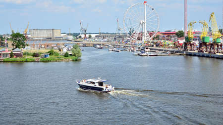 Szczecin, Poland .. 24 July 2021. View from the Castle Route. Odra river, amusement park at Odra...
