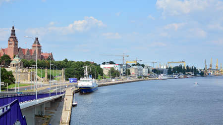 Szczecin, Poland .. 24 July 2021. View of Chrobry Shafts and the Oder river from the Castle Route.