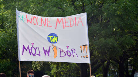 Warsaw, Poland. 10 August 2021. People protest with banners to support free media in Poland, against Polish government and ruling party Law and Justice.のeditorial素材
