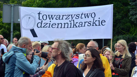 Warsaw, Poland. 10 August 2021. People protest with banners to support free media in Poland, against Polish government and ruling party Law and Justice.のeditorial素材