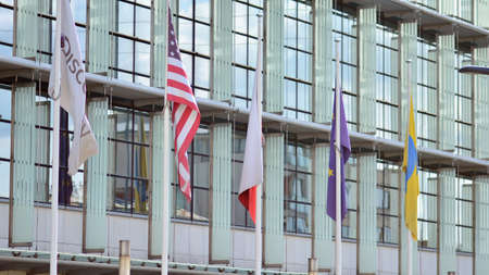 Warsaw, Poland. 18 August 2021. Company signboard TVN. Headquarters of the private television station TVN. The owner of TVN is the American group Discovery Communicationsのeditorial素材