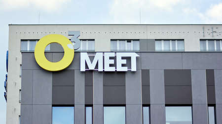 Warsaw, Poland. 18 August 2021. Sign O3 meet. Company signboard O3 meet.のeditorial素材