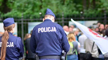Warsaw, Poland. 18 August 2021. Polish police department securing demonstration on city streets.のeditorial素材