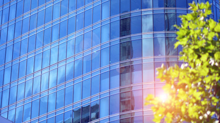 Eco architecture. Green tree and glass office building. The harmony of nature and modernity....