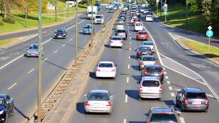 Warsaw, Poland. 10 Oktober 2021.Traffic jam on the Åazienkowska route leading to the other side...