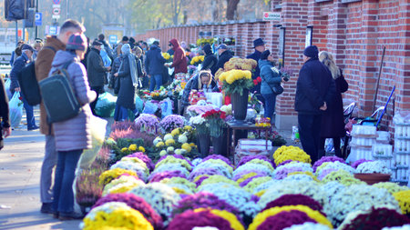 Warsaw, Poland. 1 November 2021. Sale of flower bouquets for graves at the Old Powazki. All Saints...