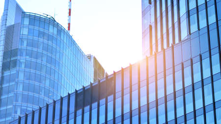 Fragments of building in business district of modern city. High-rise office building in downtown....