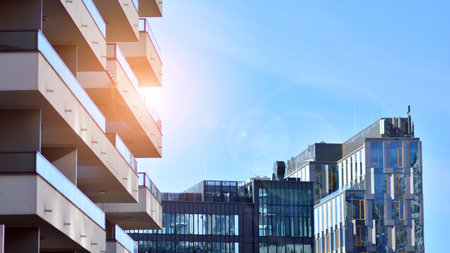Fragment of modern residential apartment with flat buildings exterior. Detail of new luxury house...