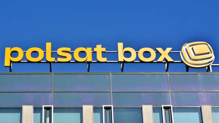 Warsaw, Poland. March 13, 2022. Sign Polsat Box. Company signboard Polsat Box.のeditorial素材