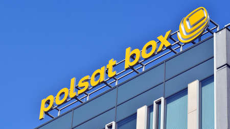 Warsaw, Poland. March 13, 2022. Sign Polsat Box. Company signboard Polsat Box.