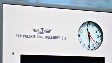 Warsaw, Poland. March 21, 2022. Sign PKP Polskie Linie Kolejowe SA. Company signboard PKP Polskie...