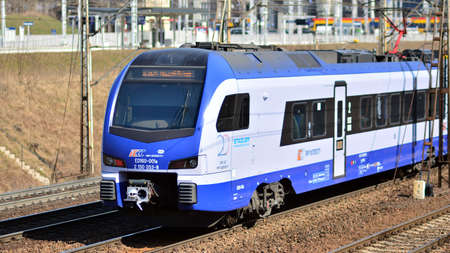 Warsaw, Poland. 21 March 2022. A modern Stadler train, belonging to PKP Intercity, national...