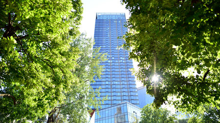 Warsaw, Poland. 18 June 2022. Cityscape with modern skyscrapers. View from the Grzybowski Square in...