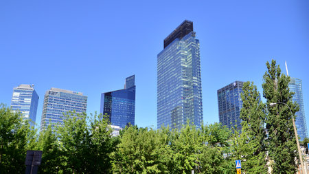 Warsaw, Poland. 3 July 2022. Roundabout Daszynski. Skyscrapers in the financial district of downtown Warsaw.のeditorial素材