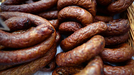 Smoked meat products. Tasty display of sausage and cold cuts.の写真素材