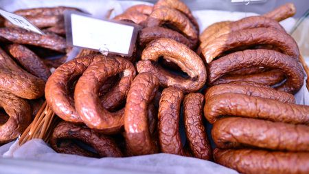 Smoked meat products. Tasty display of sausage and cold cuts.の写真素材