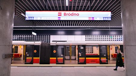 Warsaw, Poland. 5 November 2022. Second line of Warsaw Subway system. Warsaw metro station interior. Brodno station.のeditorial素材