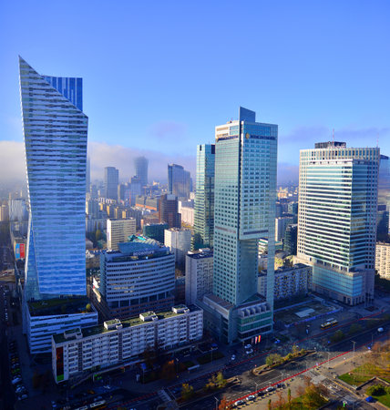 Warsaw, Poland. 6 November 2022. Aerial cityscape of Warsaw city from viewing terrace located on the 30th floor of Palace of Culture and Science.のeditorial素材