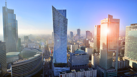 Warsaw, Poland. 6 November 2022. Aerial cityscape of Warsaw city from viewing terrace located on the 30th floor of Palace of Culture and Science.のeditorial素材