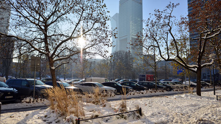 Warsaw, Poland. 14 December 2022. Winter street of a big city. Downtown street traffic in Warsaw.のeditorial素材