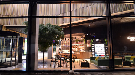 Warsaw, Poland. 19 January 2023. The interior of the Forest office building in the evening. Forest is modern office space for multiplying goods and ideas. Corporate needs a frienのeditorial素材