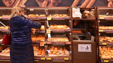 Warsaw, Poland. February 9, 2023. Inside the Biedronka supermarket.のeditorial素材