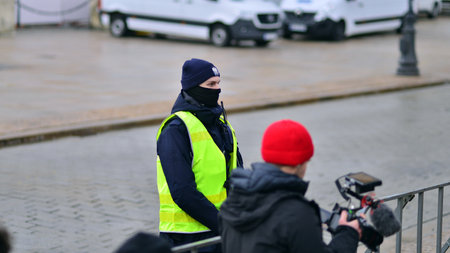 Warsaw, Poland. 21 February 2023. A police cordon due to the visit of US President Joe Biden to...
