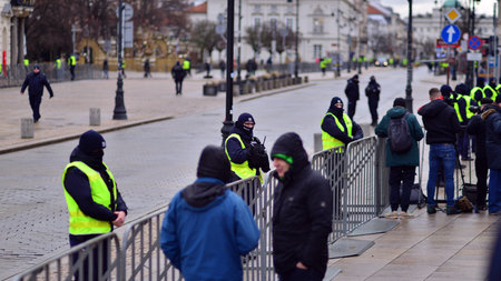 Warsaw, Poland. 21 February 2023. A police cordon due to the visit of US President Joe Biden to...