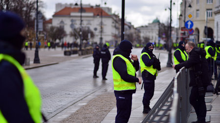 Warsaw, Poland. 21 February 2023. A police cordon due to the visit of US President Joe Biden to...