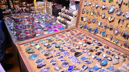 Warsaw, Poland. 5 March 2023. Warsaw Mineral Expo 2023. Colored stones of different sizes lying on a...