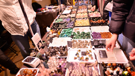Warsaw, Poland. 5 March 2023. Warsaw Mineral Expo 2023. Colored stones of different sizes lying on a...