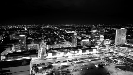 Warsaw, Poland. 14 March 2023. Beautiful architecture of Warsaw city center with modern skyscrapers at night. black and white.のeditorial素材