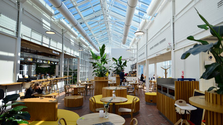 Warsaw, Poland. 21 April 2023. Food Hall Ogrody Ulricha is a unique, lively space of unique...