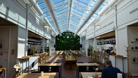 Warsaw, Poland. 21 April 2023. Food Hall Ogrody Ulricha is a unique, lively space of unique...