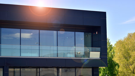 Green tree and glass office building. The harmony of nature and modernity. Fresh green trees and...