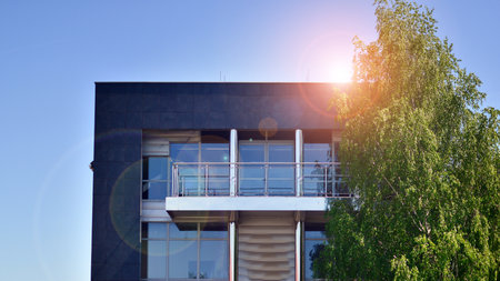 Green tree and glass office building. The harmony of nature and modernity. Fresh green trees and office building, business concept. Eco building in modern city concept.の写真素材