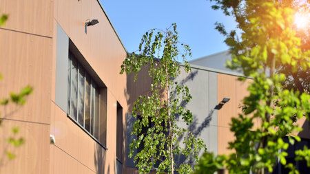 Reflection of modern commercial building on glass with sunlight. eco architecture. Green tree and...