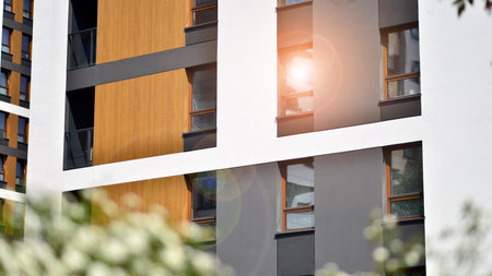 eco architecture. Green tree and new apartment building. The harmony of nature and modernity. Modern...